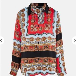 Red Scarf Print Satin Oversized Shirt